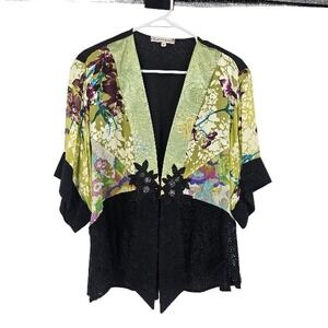 Vintage Spencer Alexis Blouse Green Yellow Asian Art To Wear Floral Cardigan M